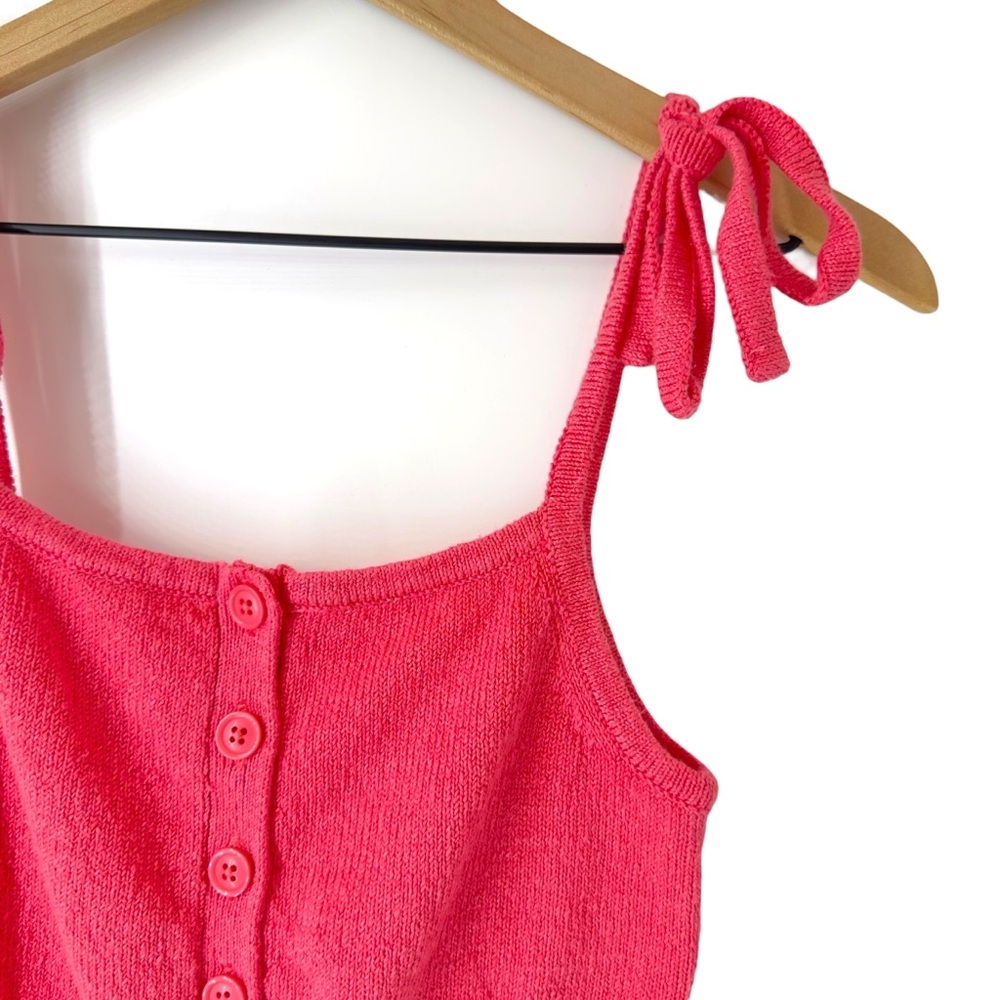 JoosTricot Knit Cropped Top XS Coral Pink Button Front Tie‎ Strap Tank Linen - Picture 3 of 9